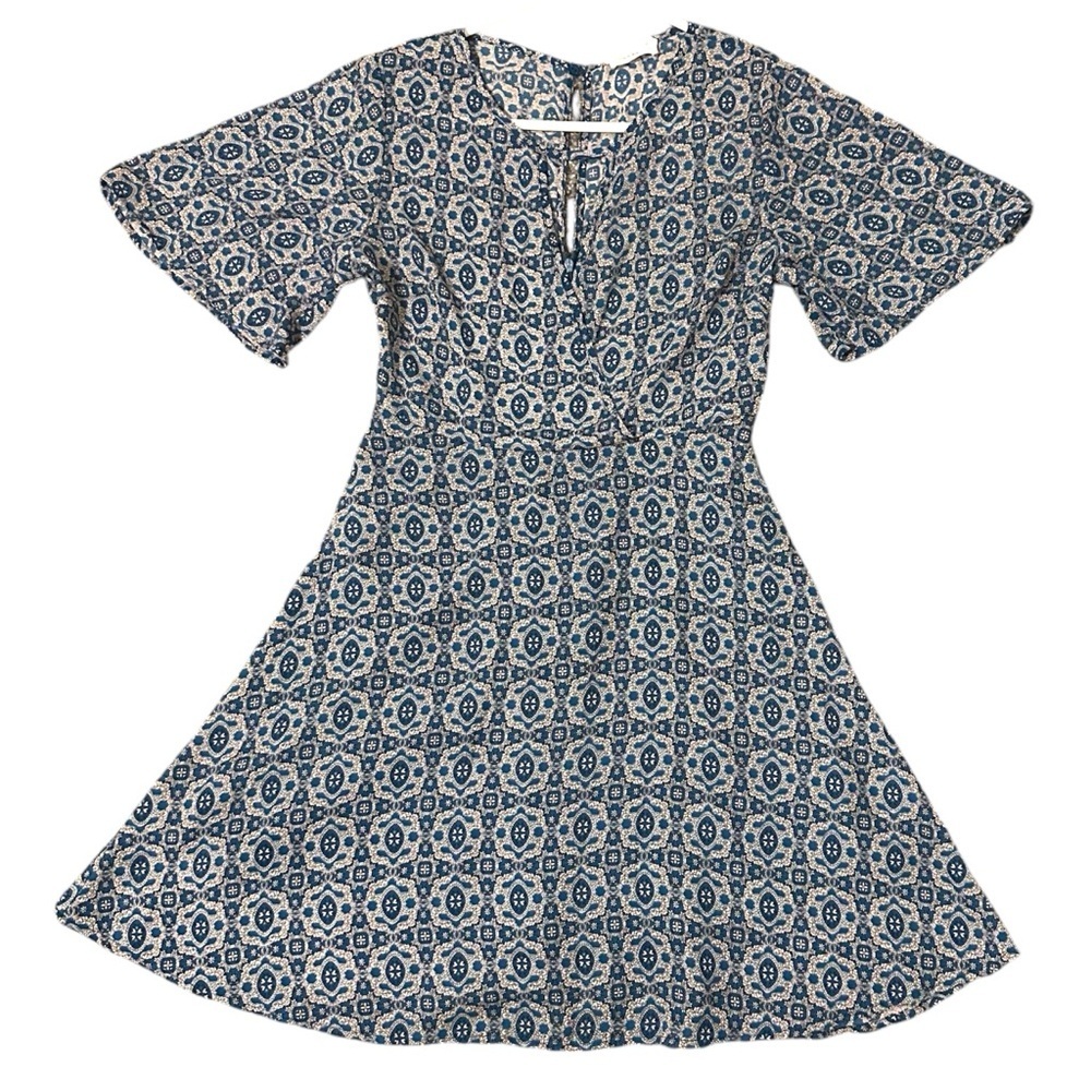 LUSH Blue/Peach Baroque Print Fit N Flare Mini Dress Sz XS Silky